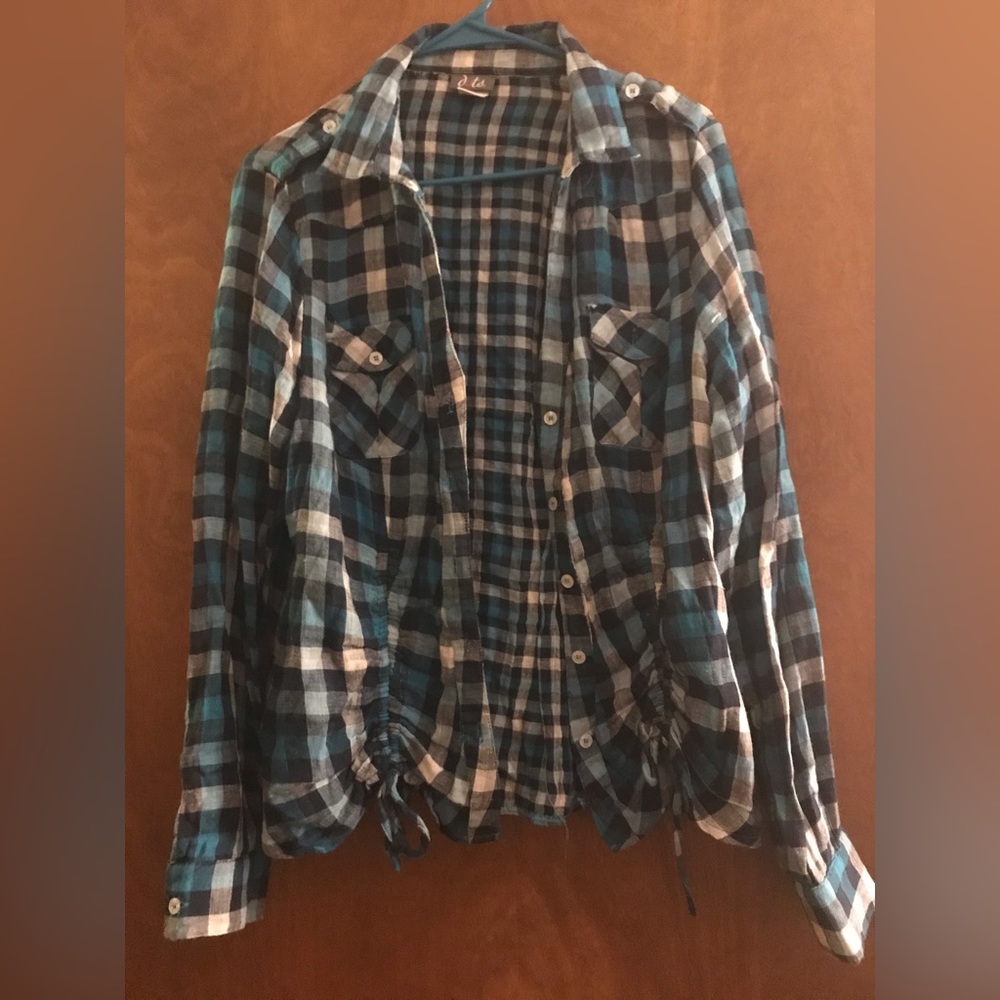Dots X-Large Blue And White Long Sleeve Plaid Button Up Shirt